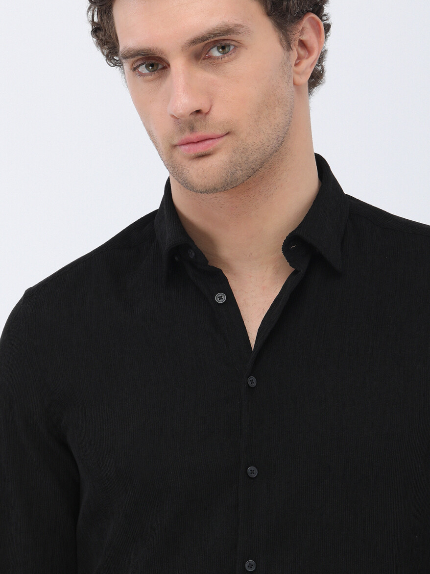 Black Regular Fit Long Weaving Casual Cotton Blended Shirt - 3