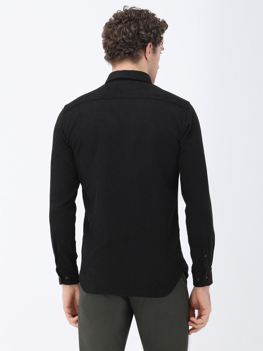 Black Regular Fit Long Weaving Casual Cotton Blended Shirt - 4