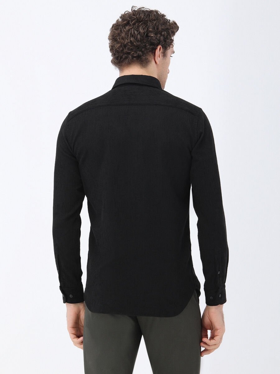 Black Regular Fit Long Weaving Casual Cotton Blended Shirt - 4
