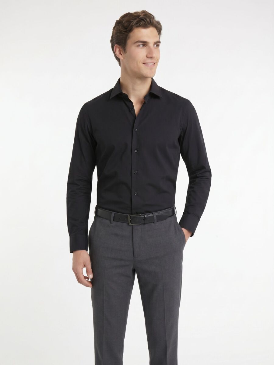 Black Regular Fit Long Weaving Casual Cotton Blended Shirt - 1