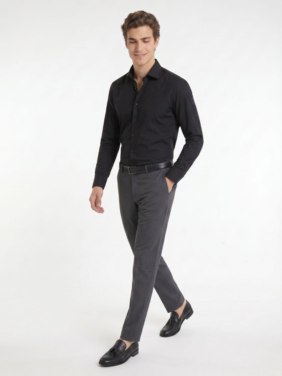 Black Regular Fit Long Weaving Casual Cotton Blended Shirt - 3