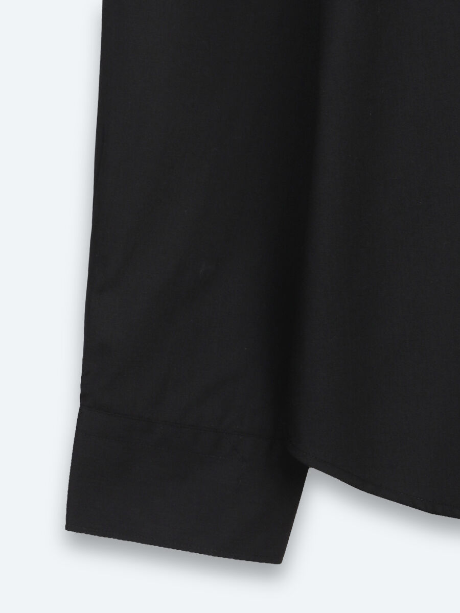 Black Regular Fit Long Weaving Casual Cotton Blended Shirt - 7