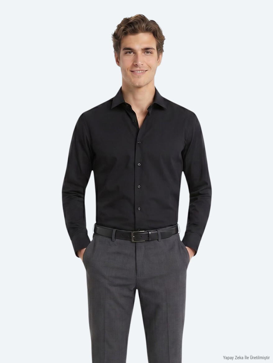 Black Regular Fit Long Weaving Casual Cotton Blended Shirt - 2