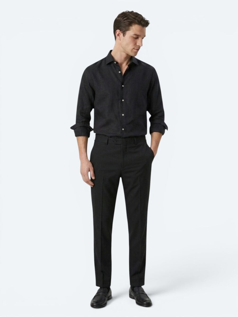 Black Regular Fit Long Weaving Casual Cotton Blended Shirt - 2