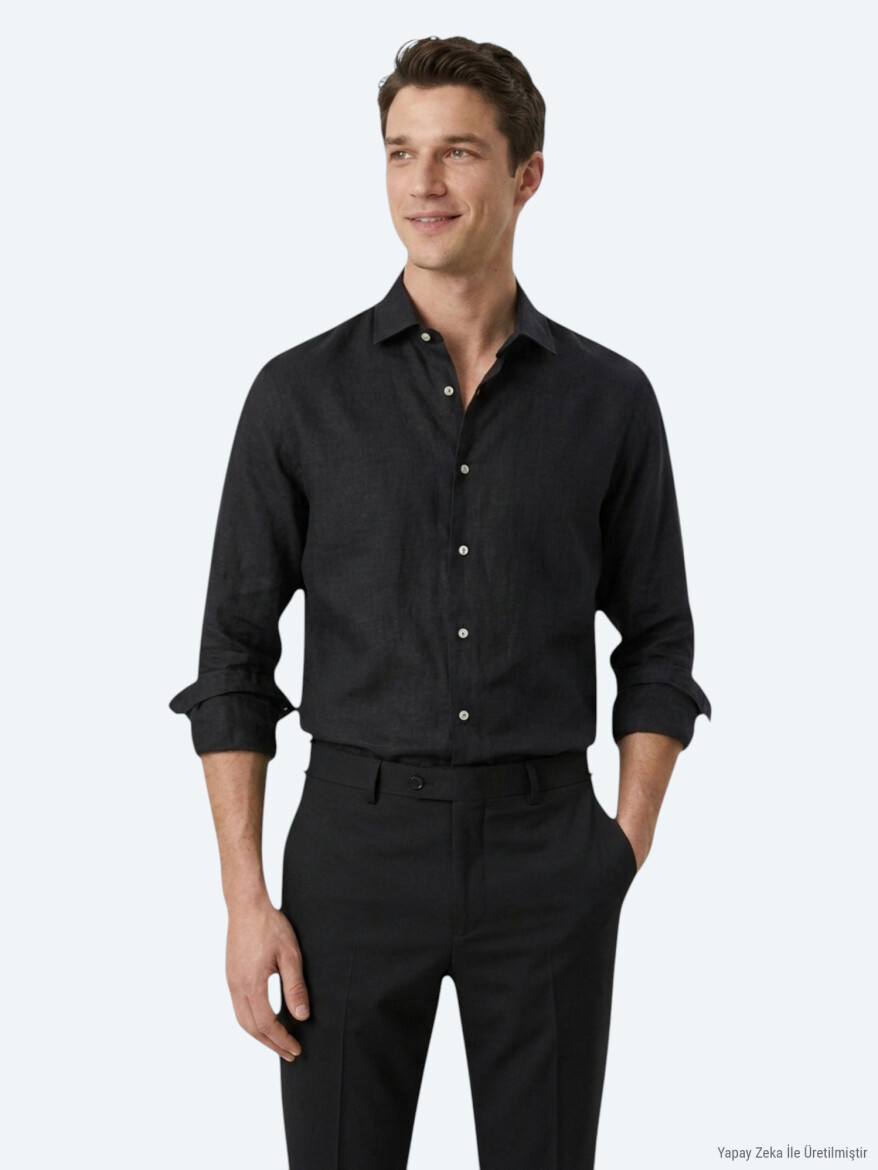 Black Regular Fit Long Weaving Casual Cotton Blended Shirt - 3