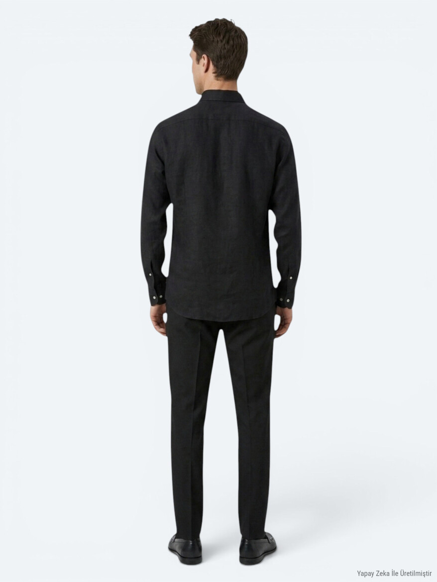 Black Regular Fit Long Weaving Casual Cotton Blended Shirt - 5