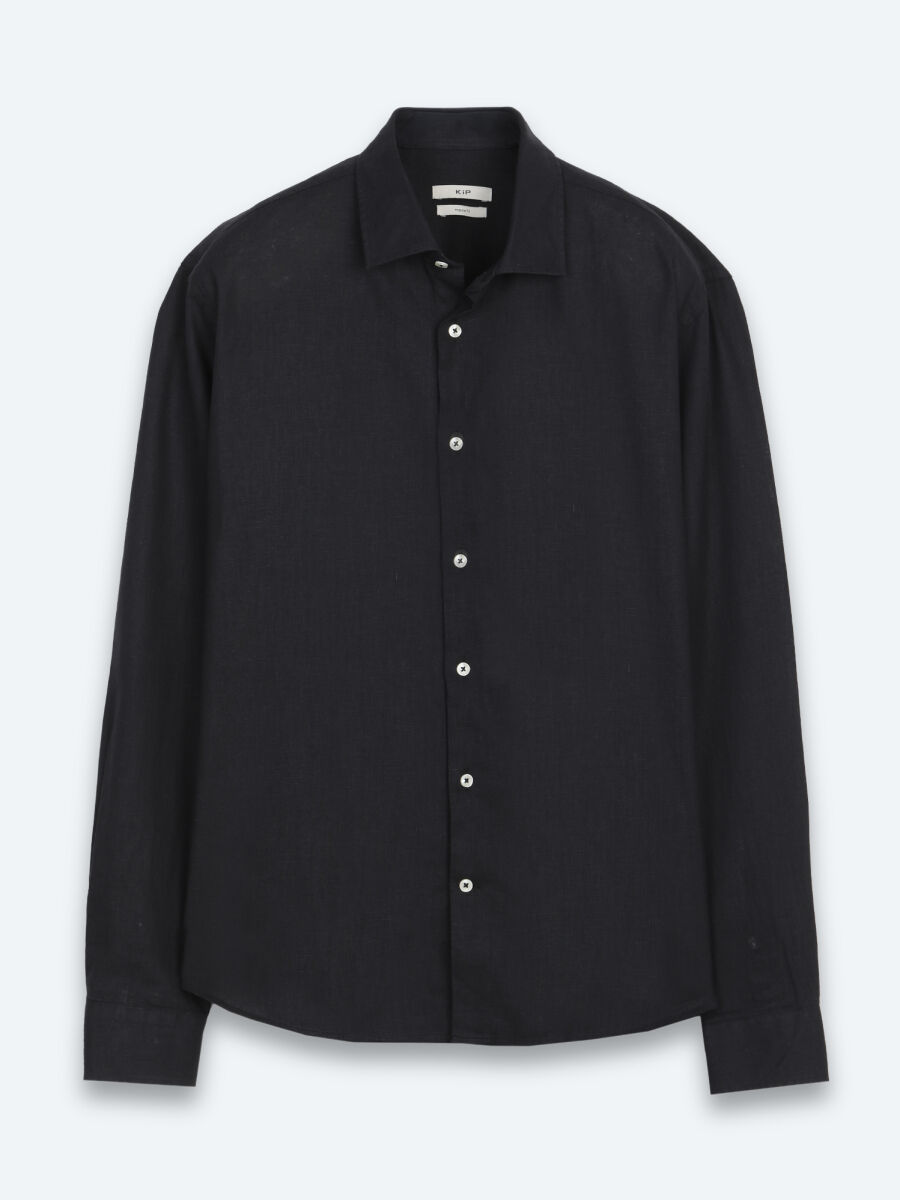 Black Regular Fit Long Weaving Casual Cotton Blended Shirt - 6