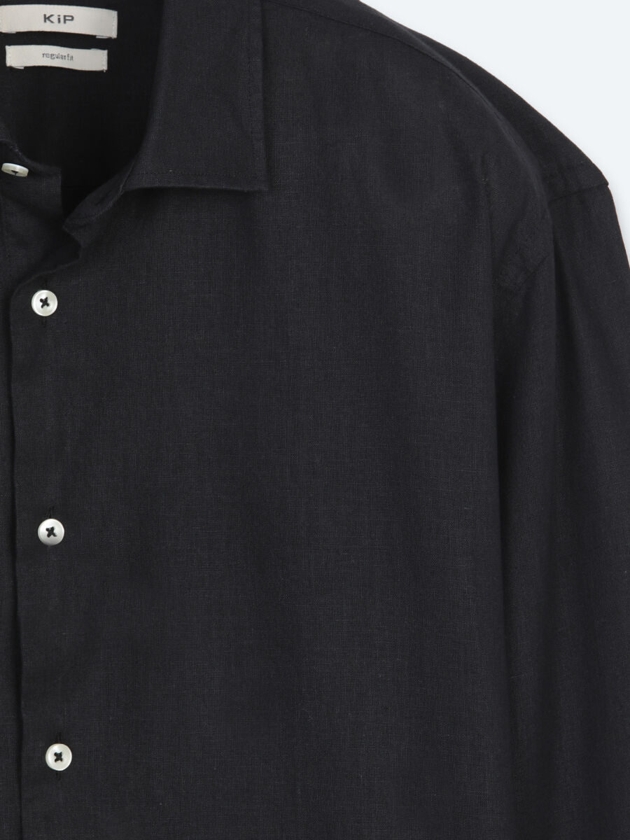 Black Regular Fit Long Weaving Casual Cotton Blended Shirt - 7