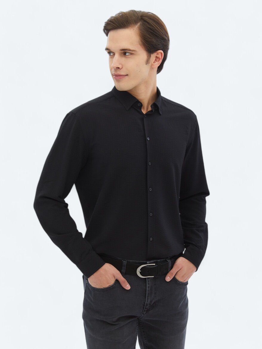 Black Regular Fit Long Weaving Casual Shirt 
