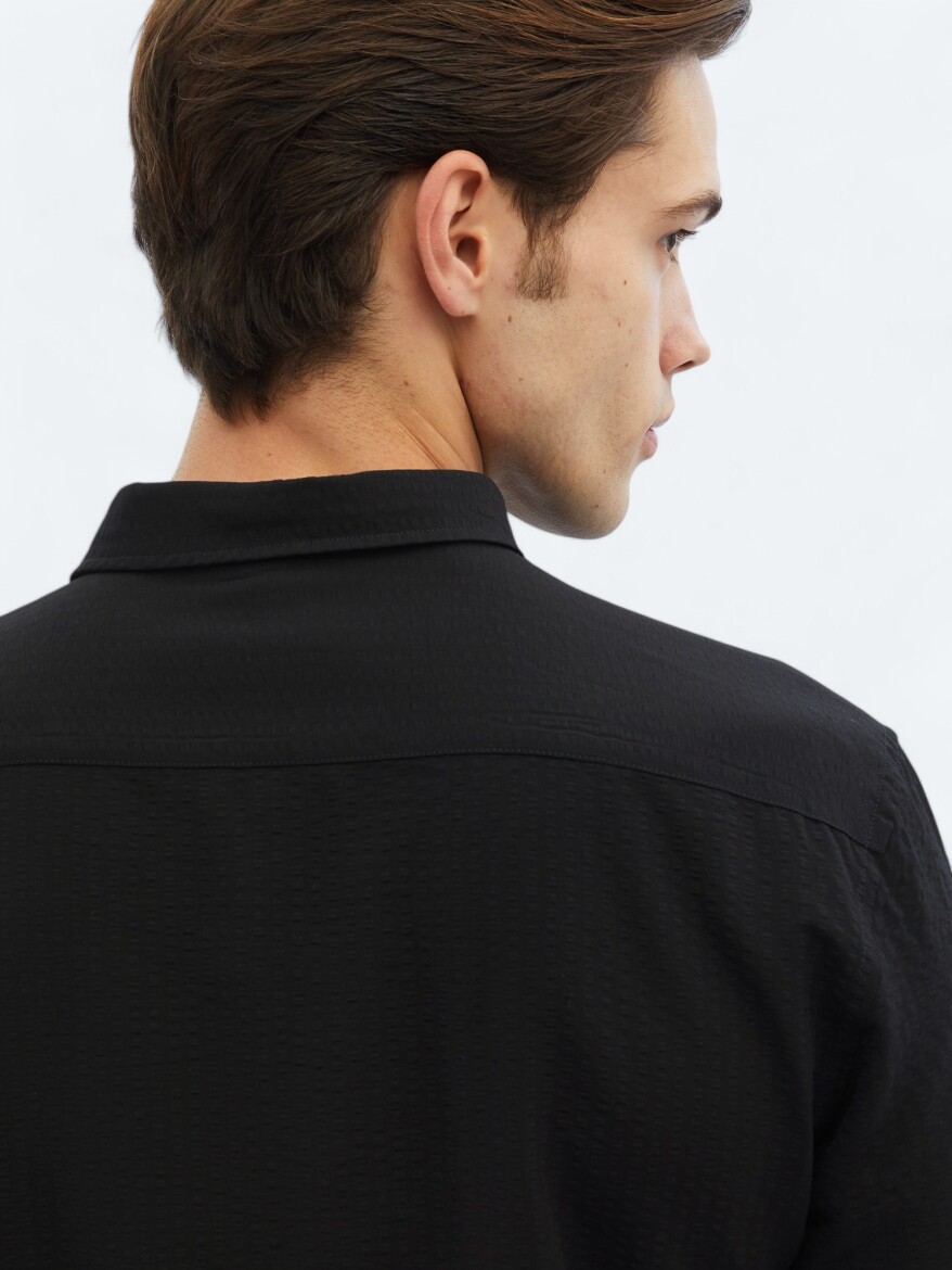 Black Regular Fit Long Weaving Casual Shirt - 4