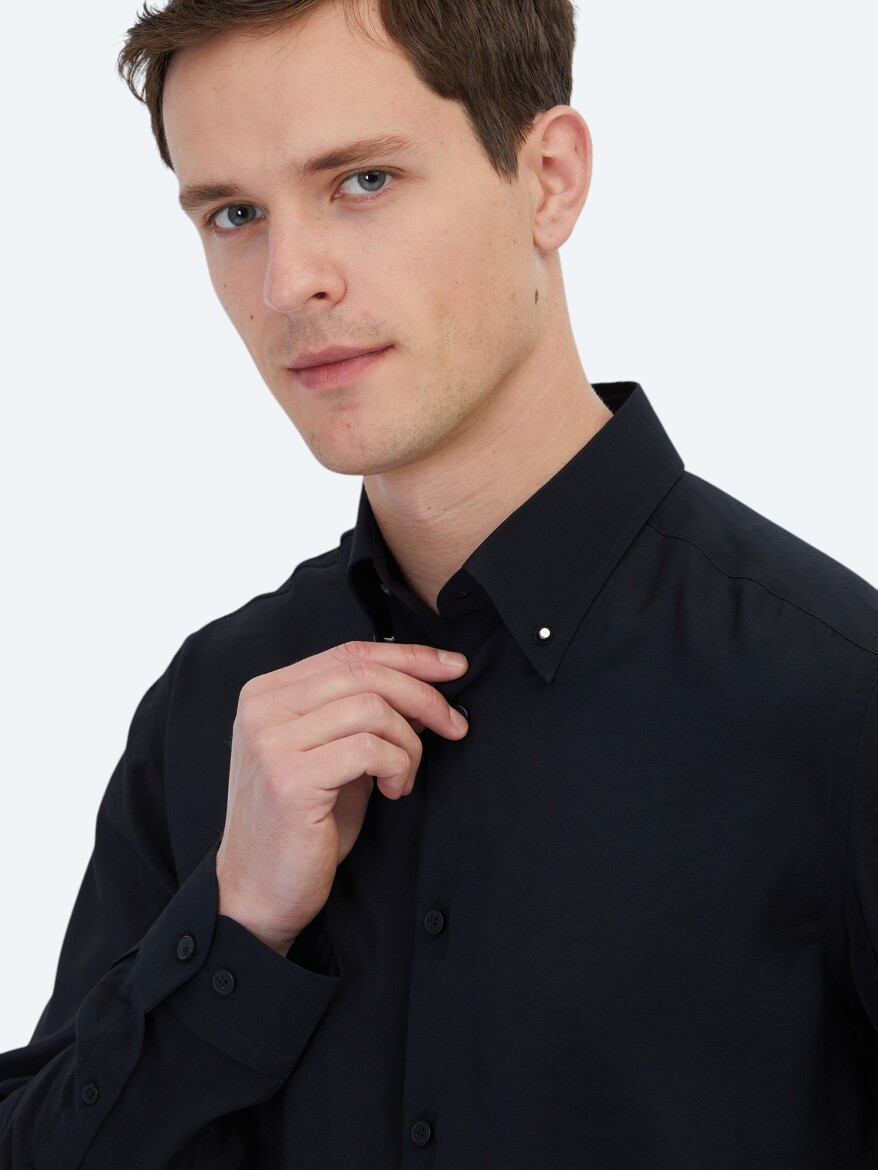 Black Regular Fit Long Weaving Casual Shirt - 3