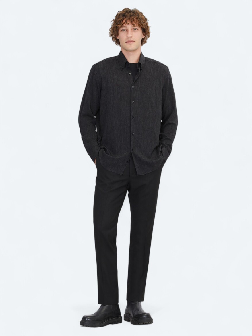 Black Regular Fit Long Weaving Casual Shirt - 2