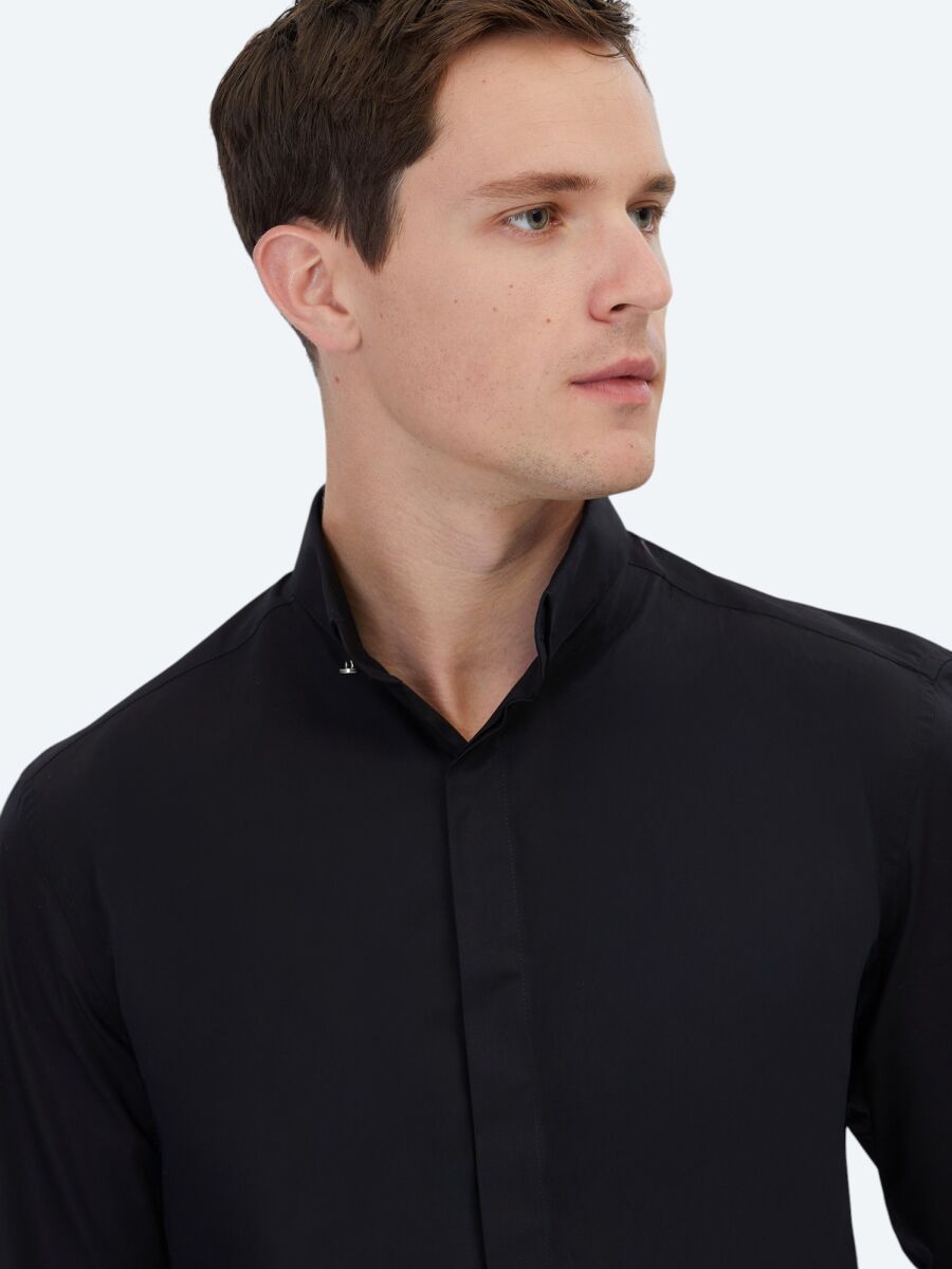 Black Regular Fit Long Weaving Classical 100% Cotton Shirt - 3