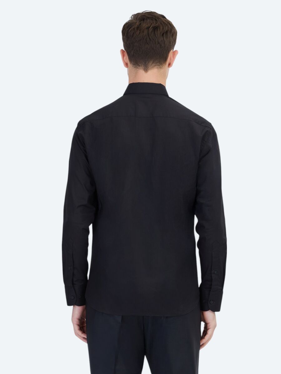 Black Regular Fit Long Weaving Classical 100% Cotton Shirt - 5