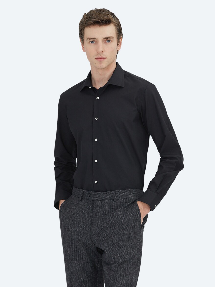 Black Regular Fit Long Weaving Classical Cotton Blended Shirt 