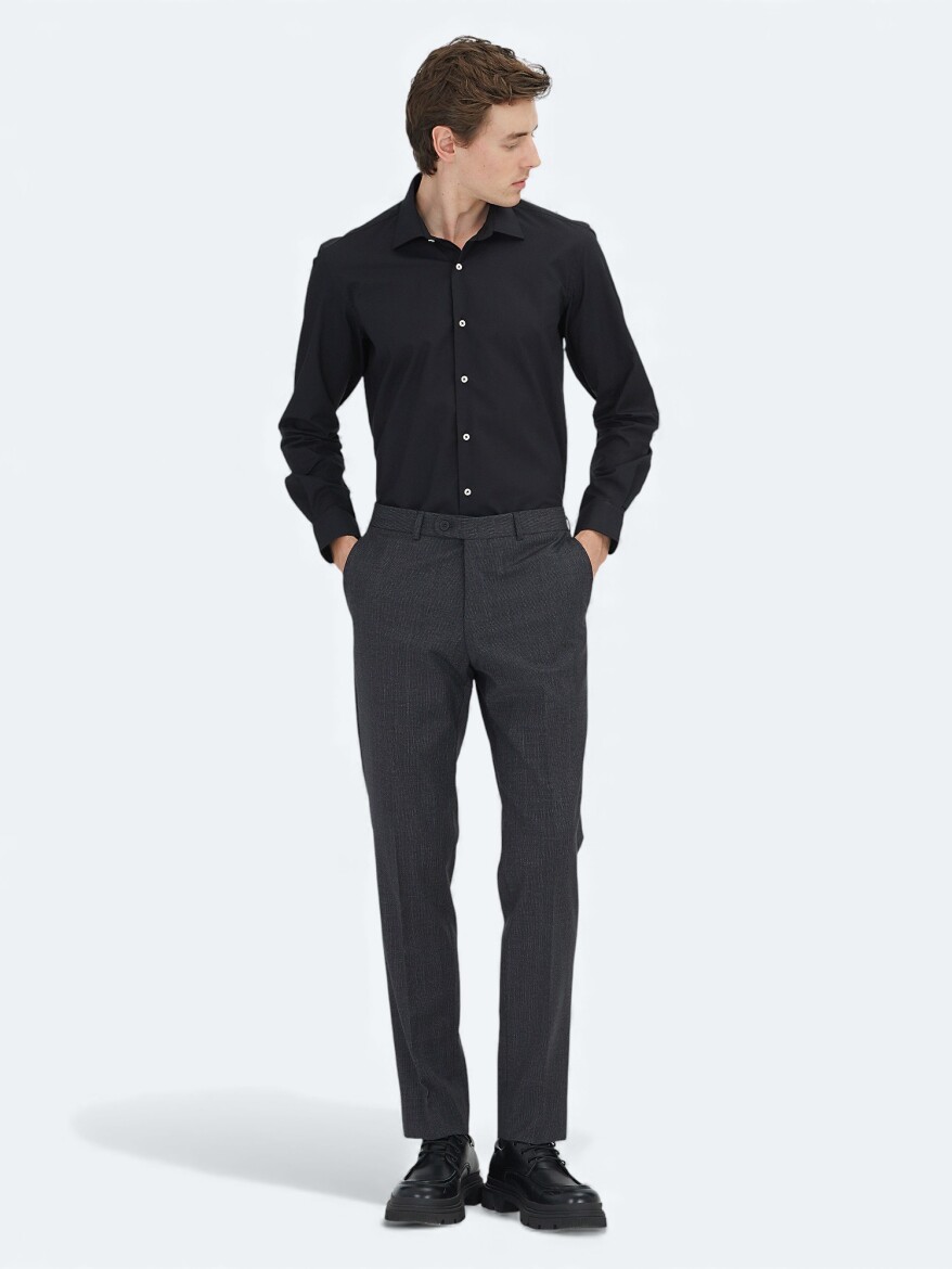 Black Regular Fit Long Weaving Classical Cotton Blended Shirt - 2