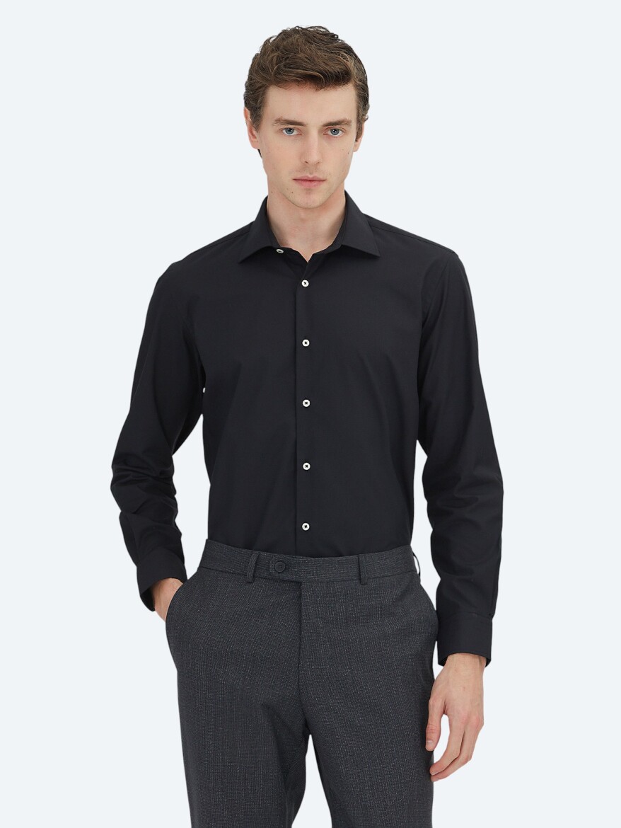 Black Regular Fit Long Weaving Classical Cotton Blended Shirt - 4