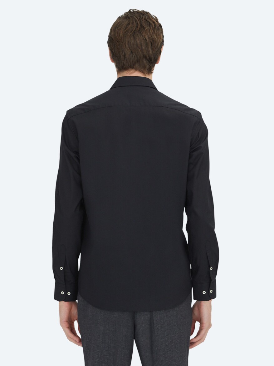 Black Regular Fit Long Weaving Classical Cotton Blended Shirt - 5