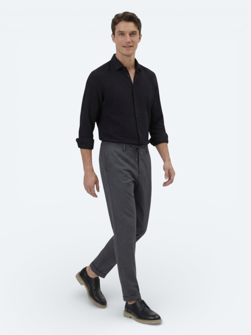 Black Regular Fit Long Weaving Classical Shirt - 2