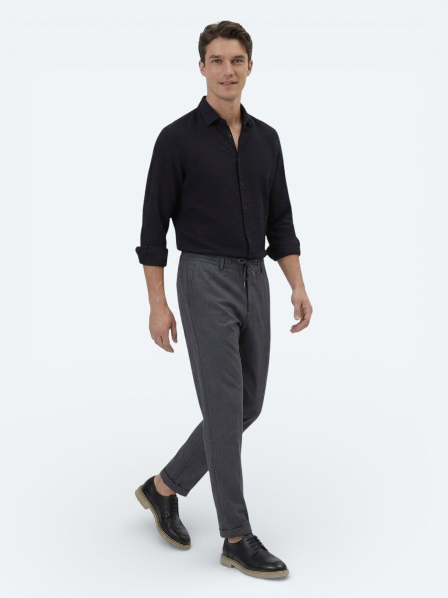 Black Regular Fit Long Weaving Classical Shirt - 2