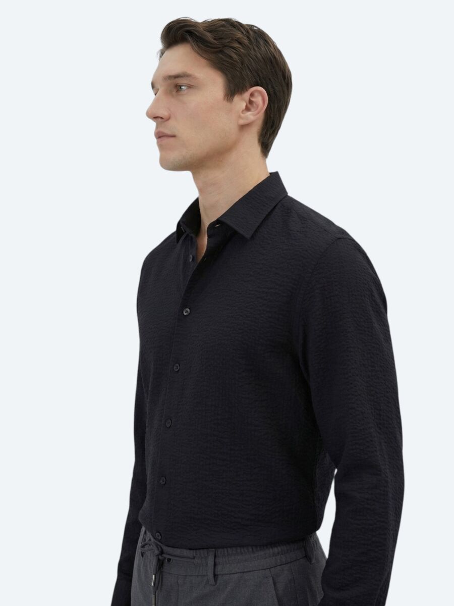 Black Regular Fit Long Weaving Classical Shirt - 3