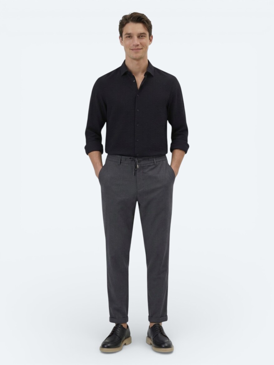 Black Regular Fit Long Weaving Classical Shirt - 4