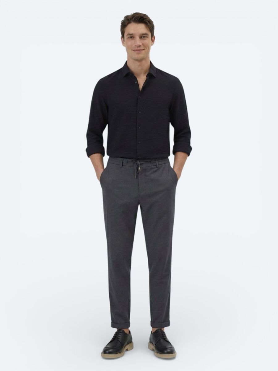 Black Regular Fit Long Weaving Classical Shirt - 4