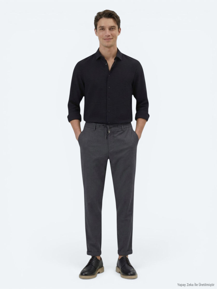 Black Regular Fit Long Weaving Classical Shirt - 4