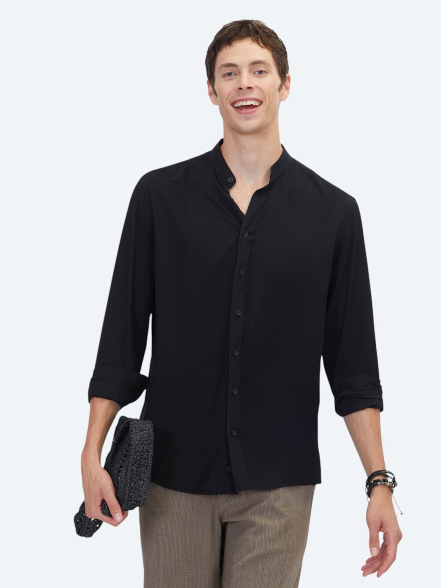 Black Regular Fit Long Weaving Classical Shirt - KİP