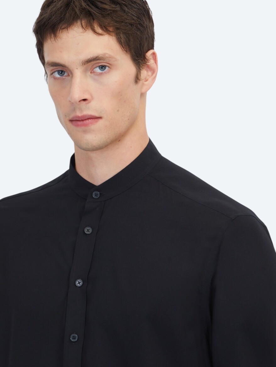 Black Regular Fit Long Weaving Classical Shirt - 3