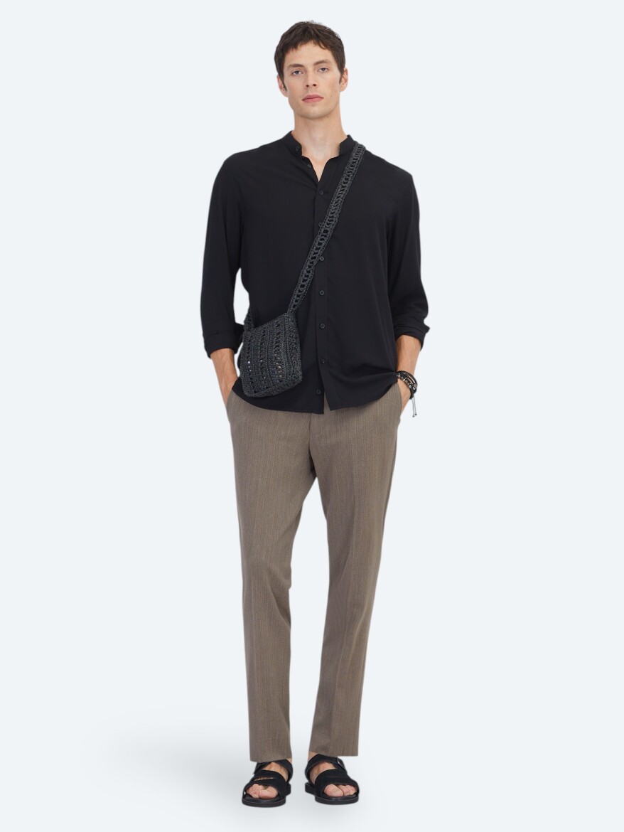 Black Regular Fit Long Weaving Classical Shirt - KİP
