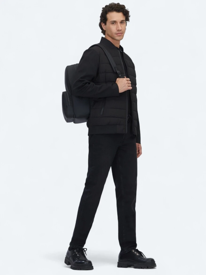 Black Regular Fit Round Collar Casual Weaving Coat - 3