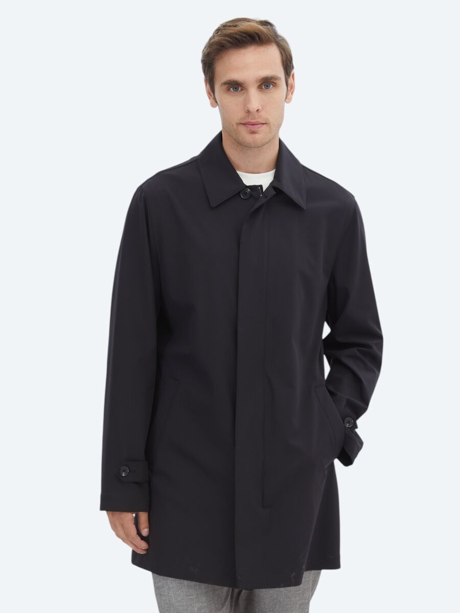 Black Regular Fit Round Collar Casual Weaving Rain Coat - 1