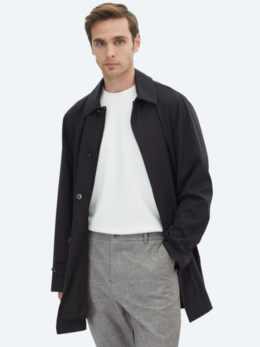 Black Regular Fit Round Collar Casual Weaving Rain Coat - 3