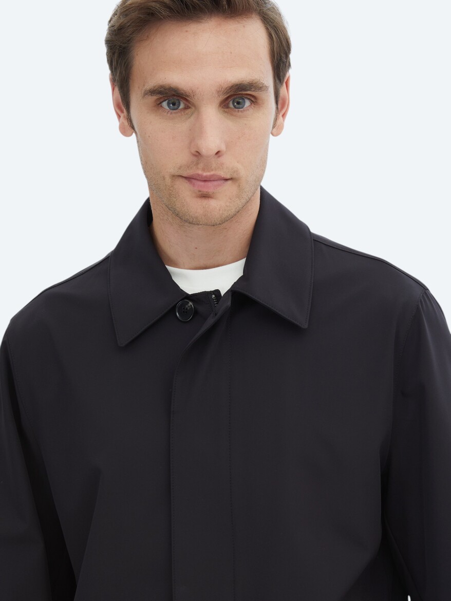 Black Regular Fit Round Collar Casual Weaving Rain Coat - 4