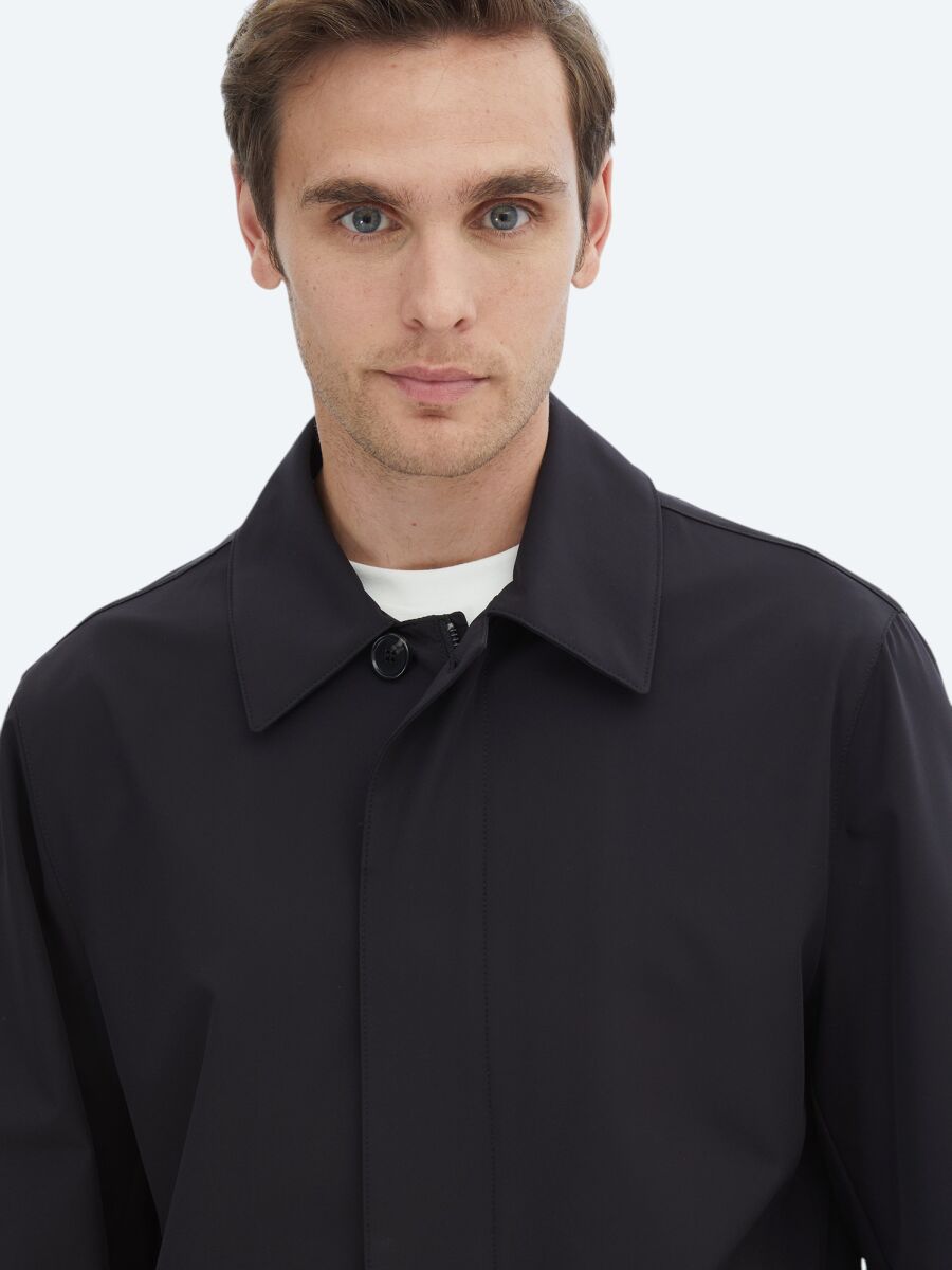 Black Regular Fit Round Collar Casual Weaving Rain Coat - 4