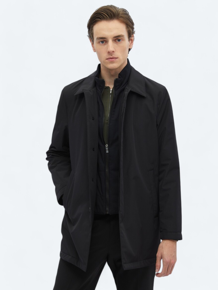 Black Regular Fit Round Collar Casual Weaving Rain Coat - 1