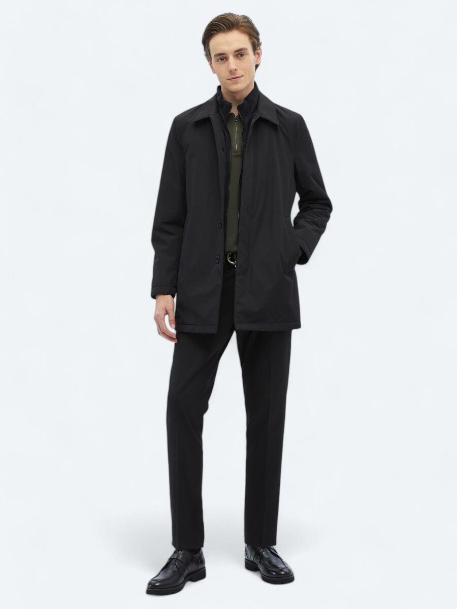 Black Regular Fit Round Collar Casual Weaving Rain Coat - 2