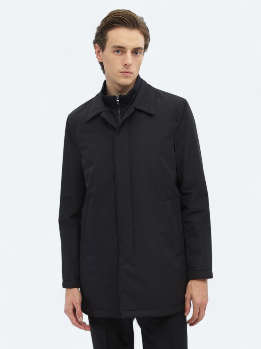 Black Regular Fit Round Collar Casual Weaving Rain Coat - 3