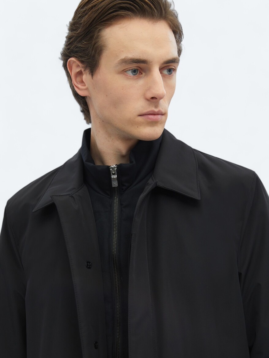 Black Regular Fit Round Collar Casual Weaving Rain Coat - 4