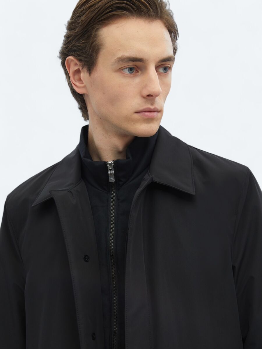 Black Regular Fit Round Collar Casual Weaving Rain Coat - 4