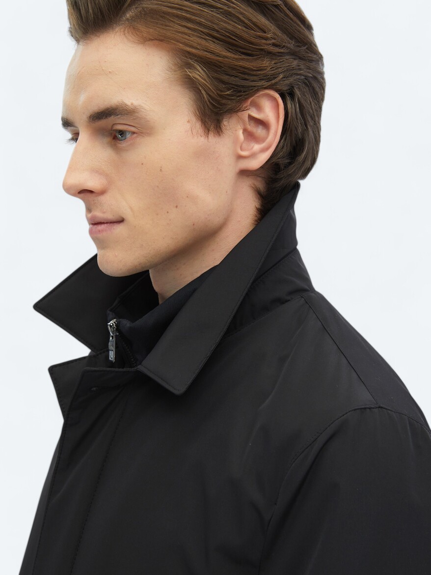 Black Regular Fit Round Collar Casual Weaving Rain Coat - 5