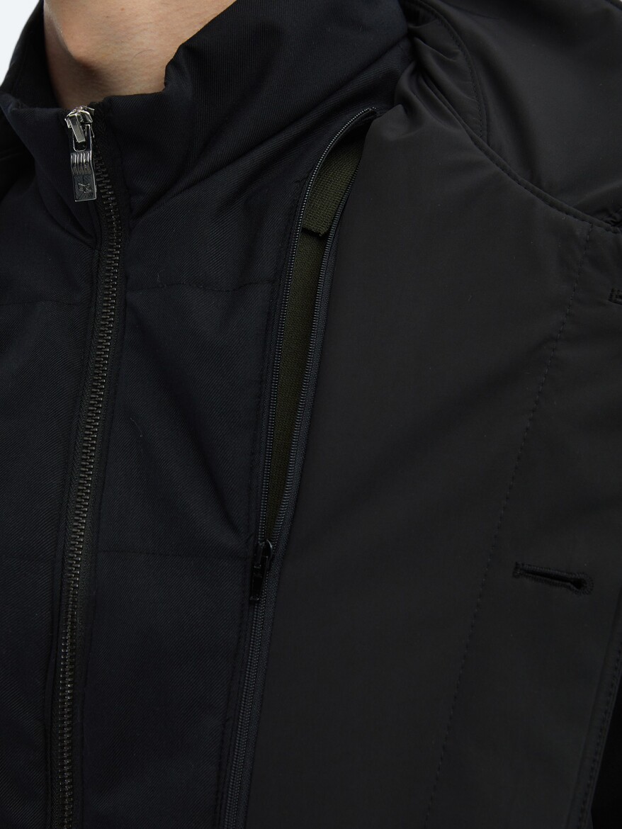 Black Regular Fit Round Collar Casual Weaving Rain Coat - 6