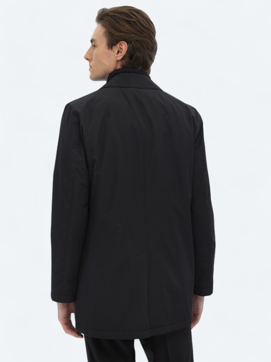 Black Regular Fit Round Collar Casual Weaving Rain Coat - 7