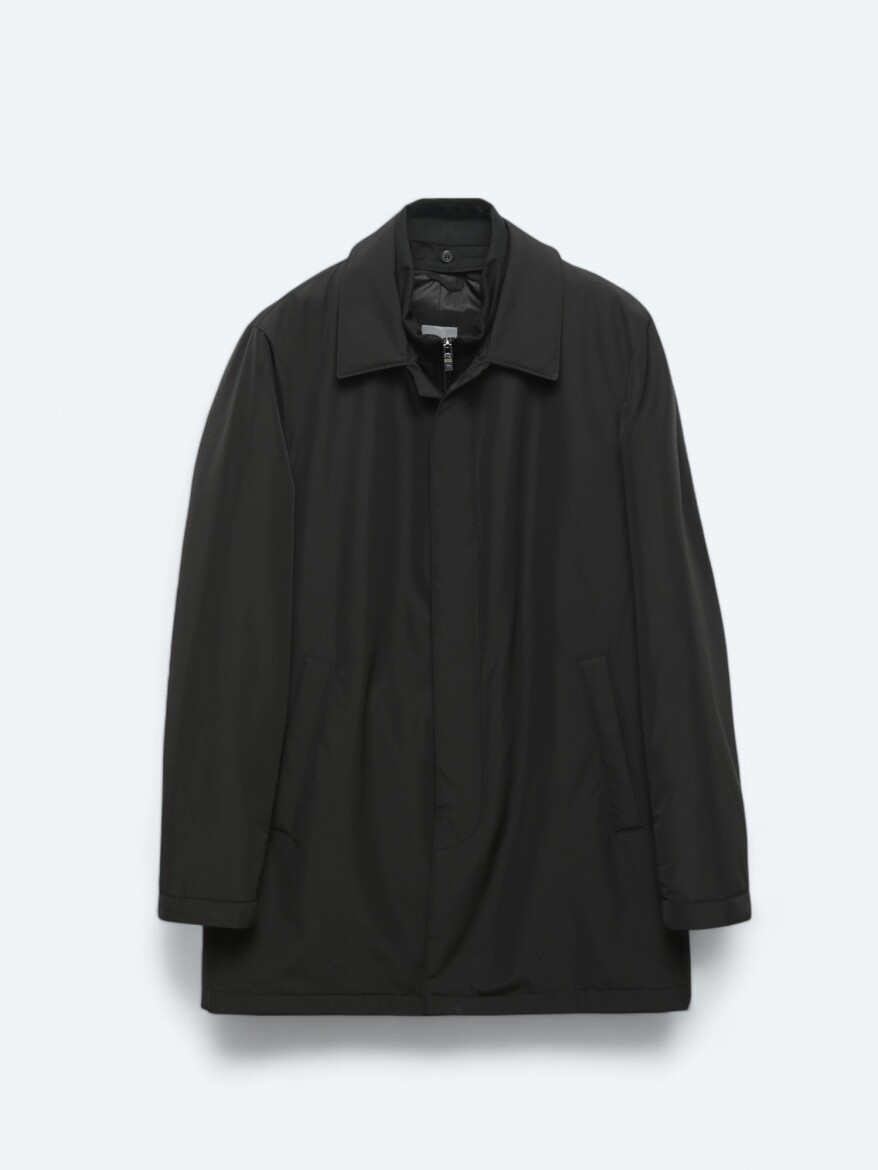 Black Regular Fit Round Collar Casual Weaving Rain Coat - 8