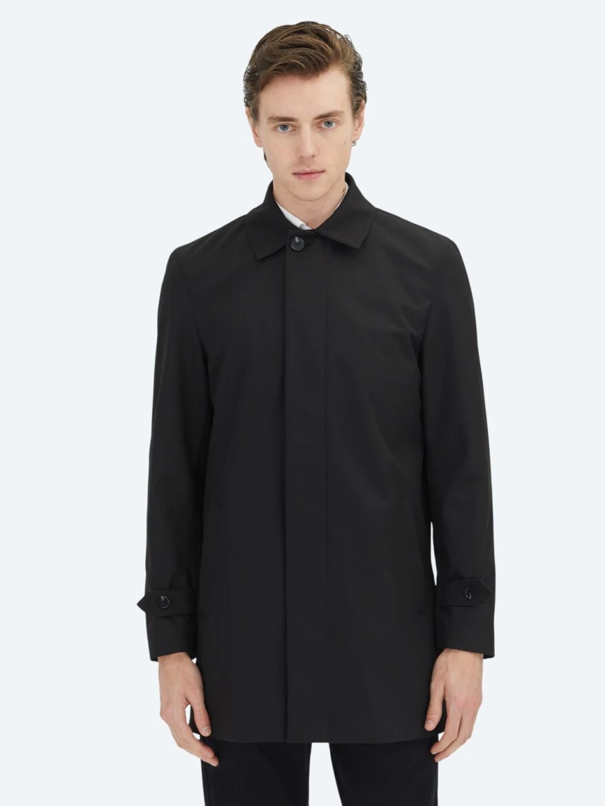 Black Regular Fit Round Collar Casual Weaving Rain Coat - 3