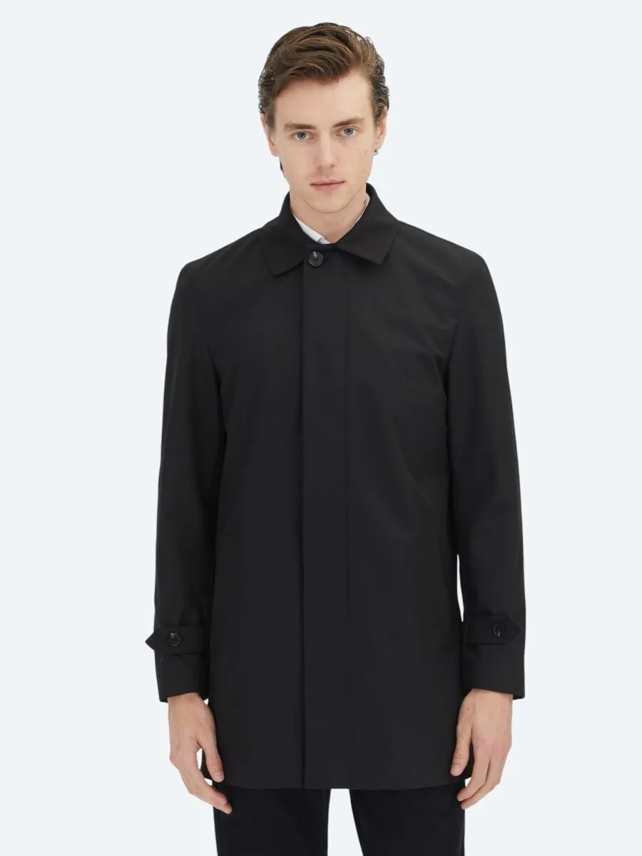 Black Regular Fit Round Collar Casual Weaving Rain Coat - 3