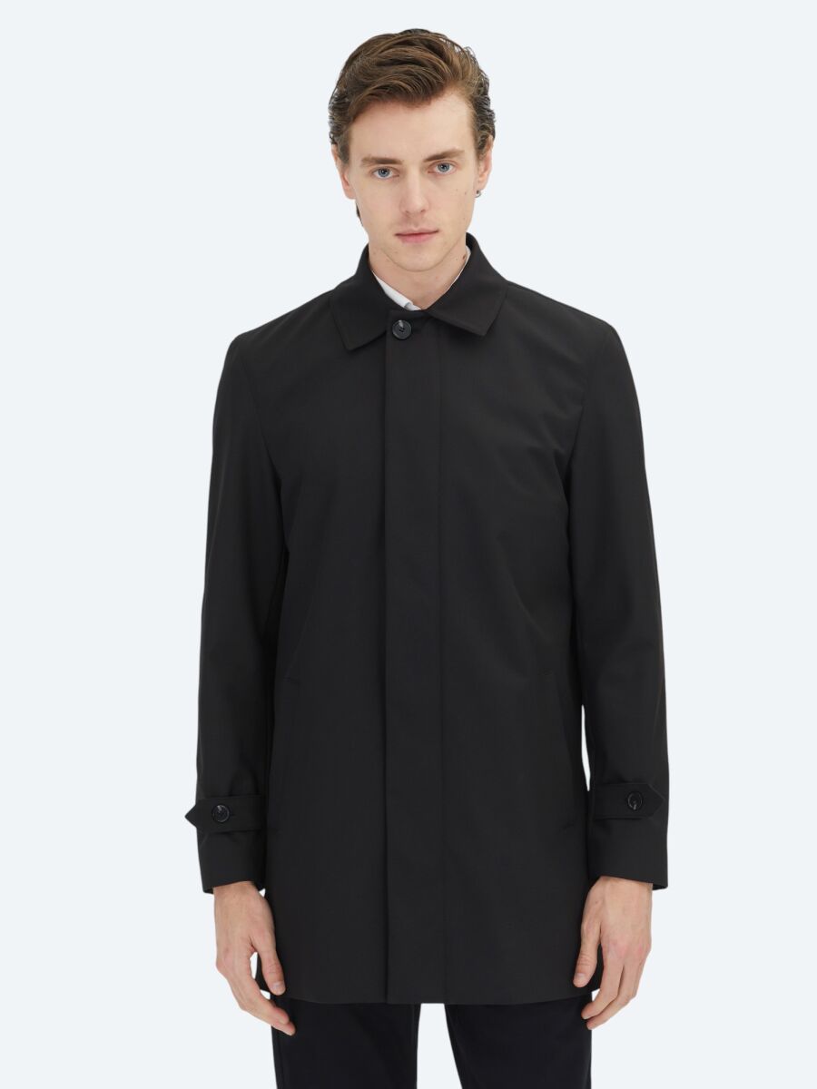 Black Regular Fit Round Collar Casual Weaving Rain Coat - 3