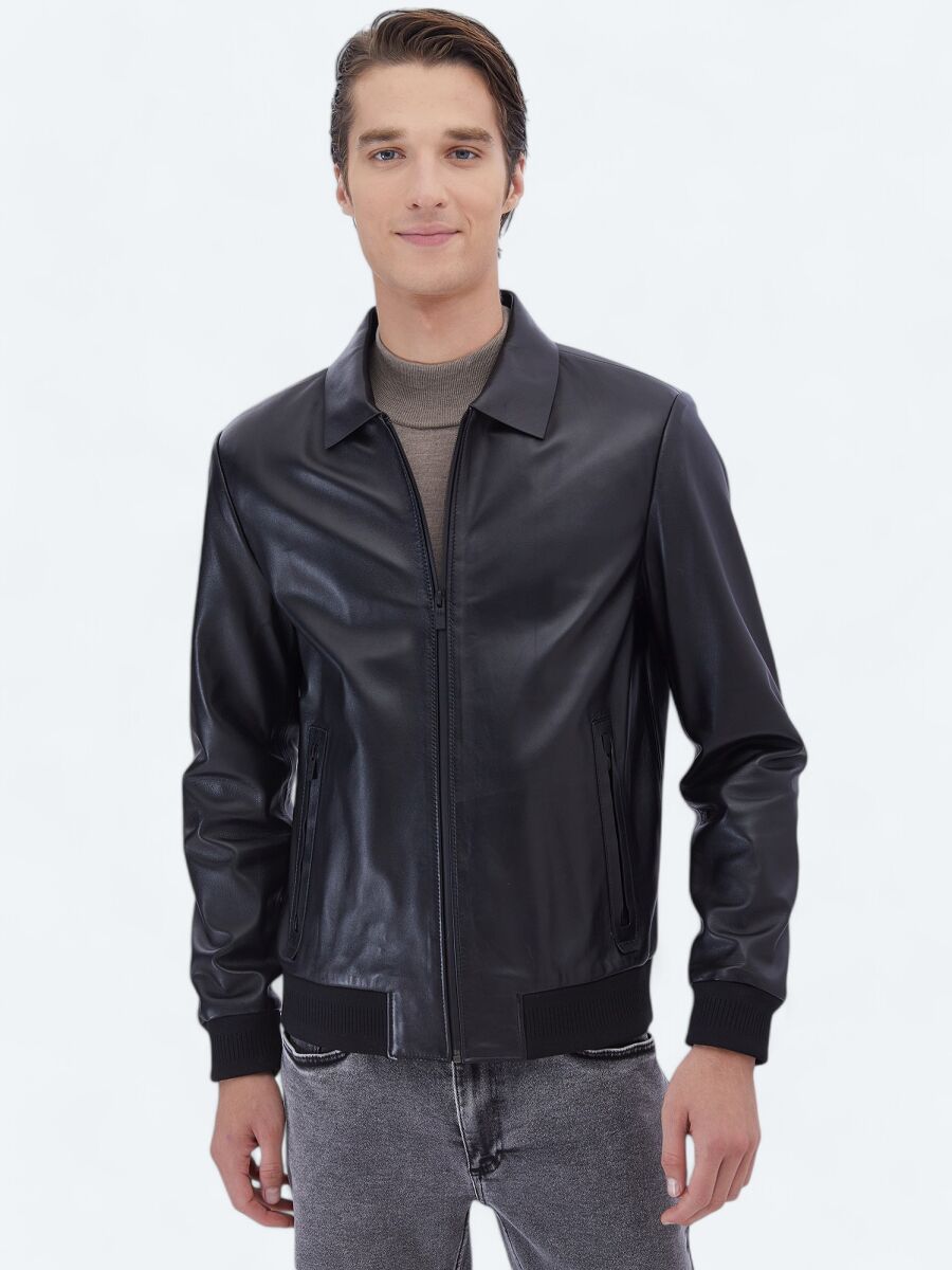 Black Regular Fit Round Collar Smart Casual Sheep Leather Leather Coat - 1