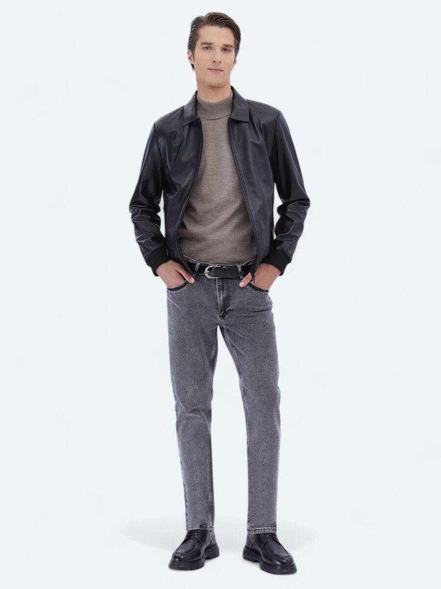 Black Regular Fit Round Collar Smart Casual Sheep Leather Leather Coat - 2